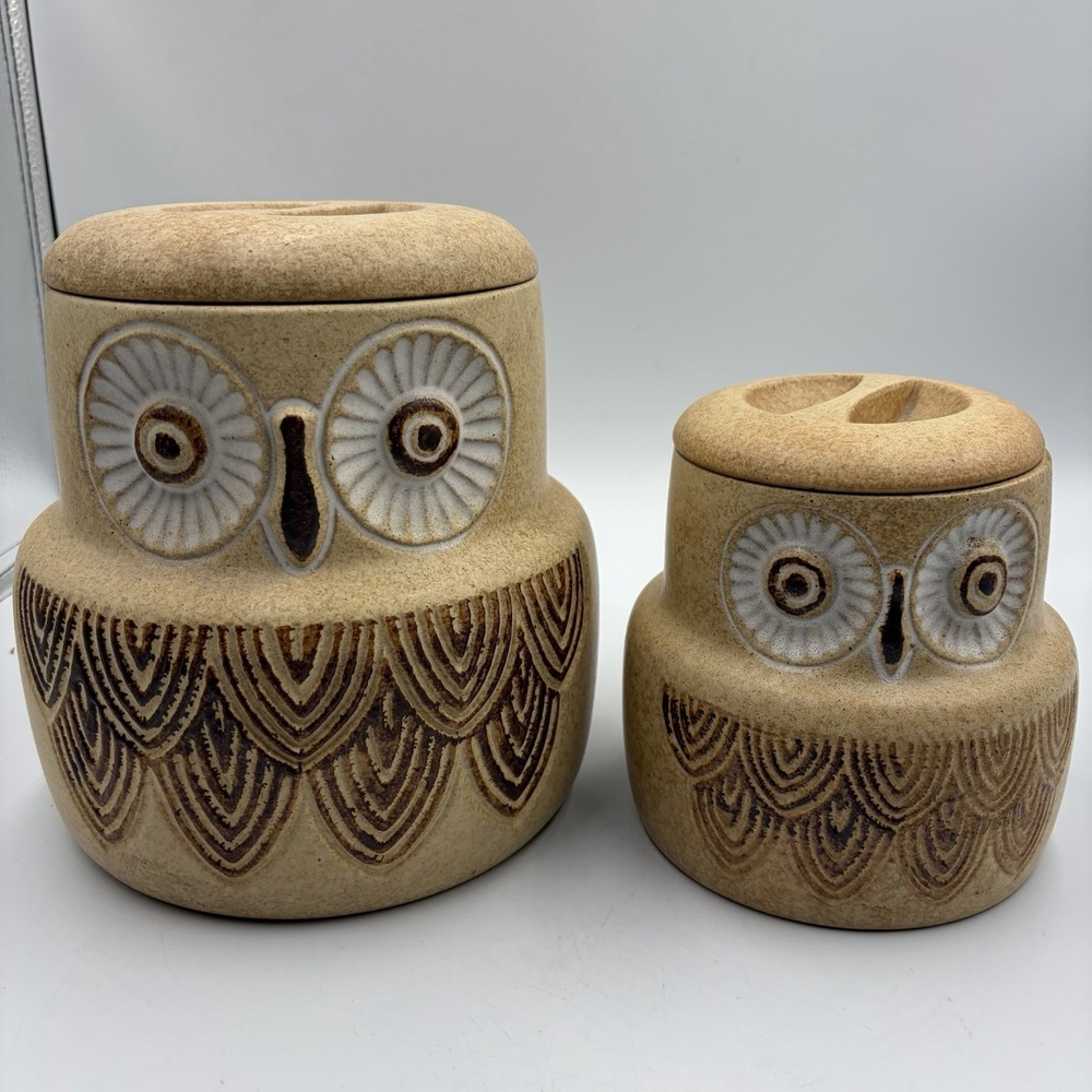 Two Vtg‎ Owl Canisters W/ Lids 1970s Pottery Craft USA MCM Cottagecore Country